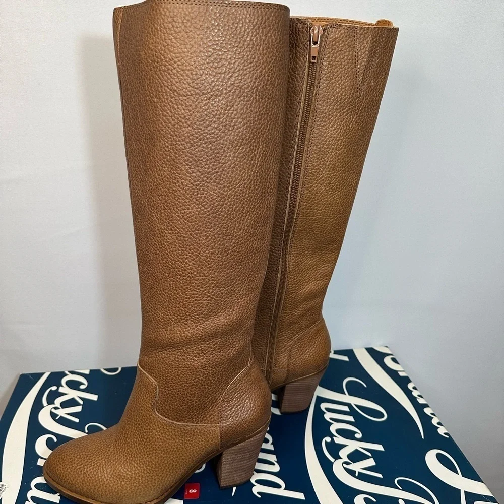 Lucky Brand Epositoh Honey Cornelian Leather Knee-High Boots Size 8 Block Heels